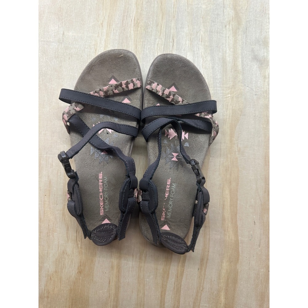 Skechers Reggae Strappy Memory Foam Sandals Grey Pink Women 8